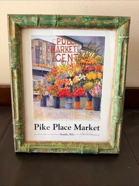 Signed Print "Pike Place Flowers" by Artist Ed Newbold in Green & Gold Frame